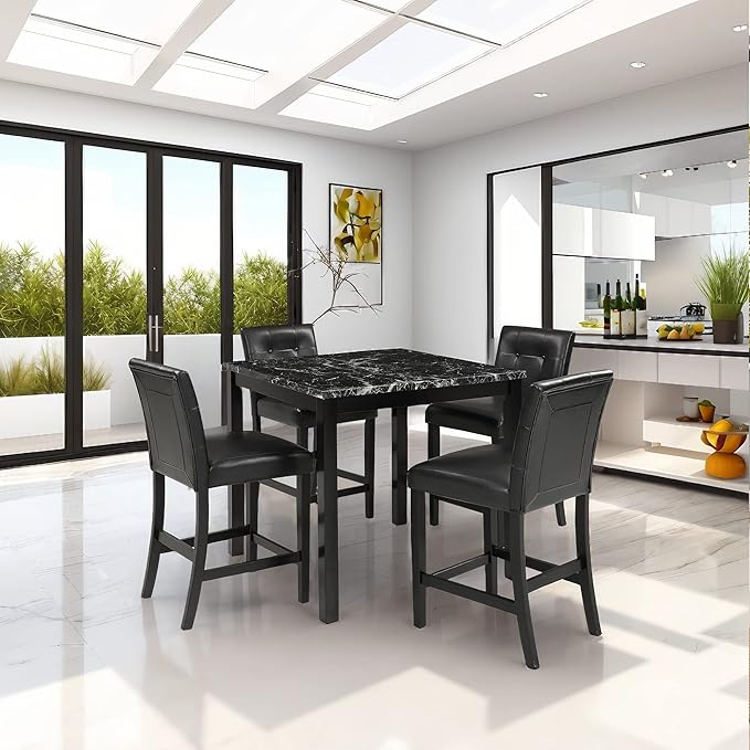 NicBex Small Dining Table Set for 4 Dining Room Set 5-Piece Kitchen Table Set Faux Marble Top Counter Height Dining Table Set with 4 Pu Leather-Upholstered Chairs, Black - LeafyLoom
