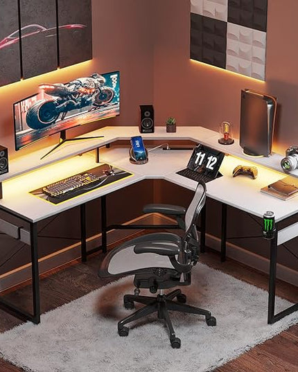 ODK L Shaped Gaming Desk with LED Lights & Power Outlets, 51" Computer Desk with Full Monitor Stand, Corner Desk with Cup Holder, Gaming Table with Hooks, White - LeafyLoom
