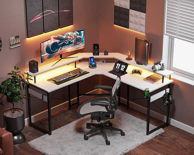 ODK L Shaped Gaming Desk with LED Lights & Power Outlets, 51" Computer Desk with Full Monitor Stand, Corner Desk with Cup Holder, Gaming Table with Hooks, White - LeafyLoom