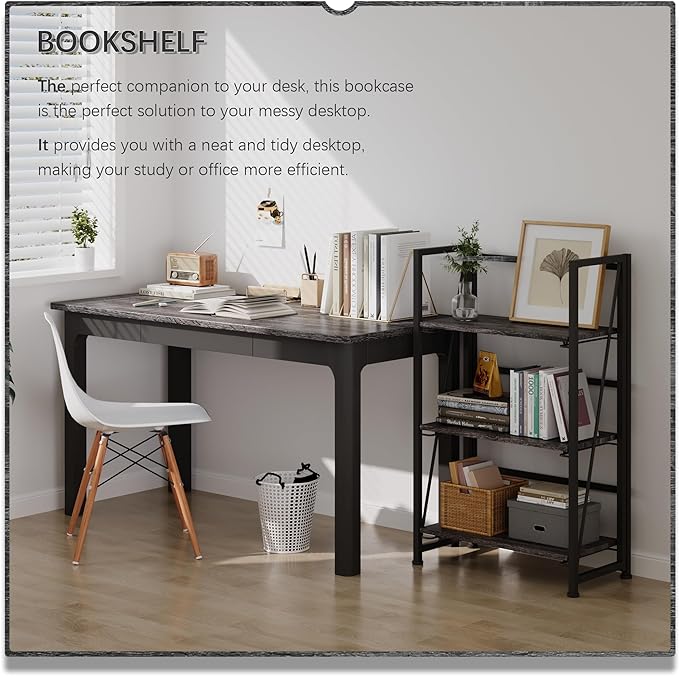 4NM No-Assembly Folding Bookshelf Storage Shelves 3 Tiers Vintage Bookcase Standing Racks Study Organizer Home Office (Gray and Black) - LeafyLoom