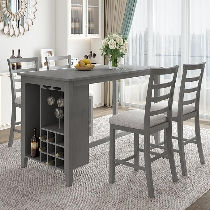 RITSU Modern 5-Piece Dining Set, Multi-Functional Counter Height Dinette Suit with Padded Chairs and Integrated 9 Bar Wine Compartment, Wineglass Holders for Home Kitchen, Gray-1 - LeafyLoom