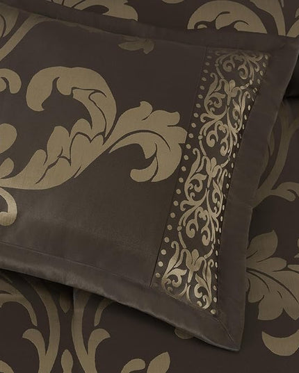 Chezmoi Collection 7-Piece Jacquard Floral Comforter Set (Queen, Coffee/Gold) - LeafyLoom