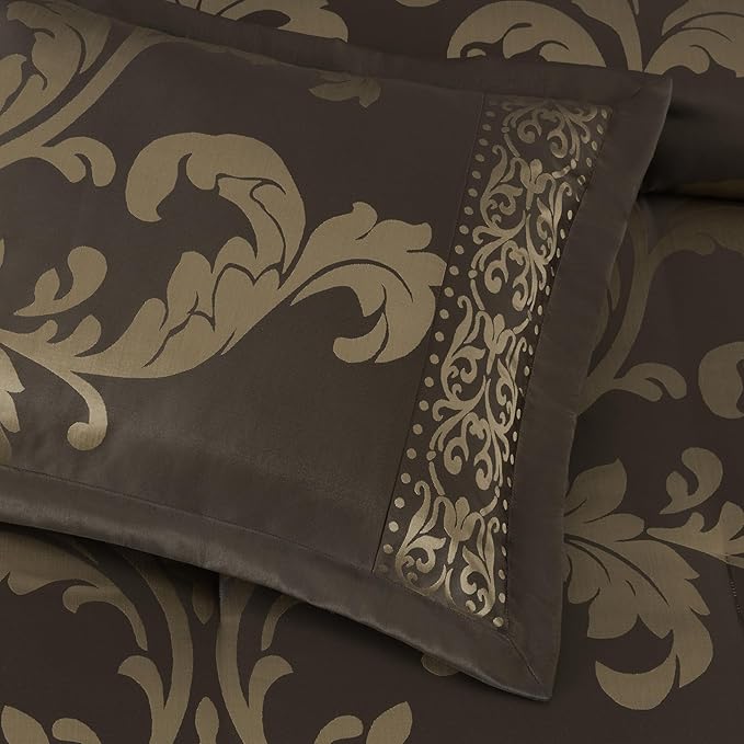 Chezmoi Collection 7-Piece Jacquard Floral Comforter Set (King, Coffee/Gold) - LeafyLoom