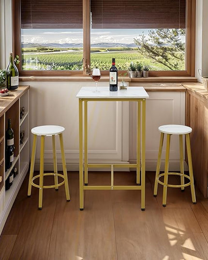 Finnhomy Bar Table Set, 23.6" Pub Table High Top Table, Square Bar Height Table, Bar Table with Stools, Kitchen Table Set for 2, Industrial Breakfast for Kitchen, Living Room, Gold - LeafyLoom