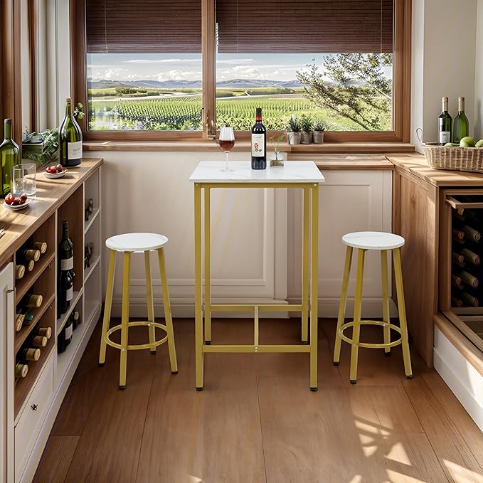 Finnhomy Bar Table Set, 23.6" Pub Table High Top Table, Square Bar Height Table, Bar Table with Stools, Kitchen Table Set for 2, Industrial Breakfast for Kitchen, Living Room, Gold - LeafyLoom