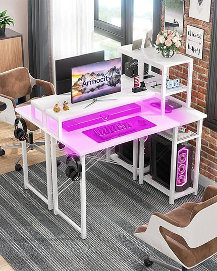 armocity 2024 Upgrade Gaming Desk with LED Lights, Small Computer Desk with Long Monitor Stand, 40'' Reversible Laptop Table with Storage Shelves, Small Desk for Small Spaces, Gaming Room, White - LeafyLoom