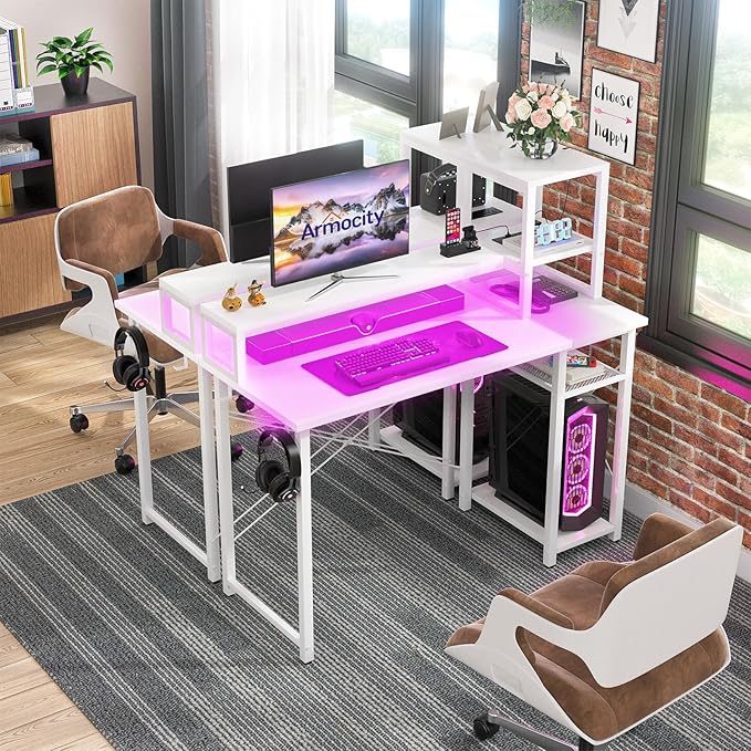 armocity 2024 Upgrade Gaming Desk with LED Lights, Small Computer Desk with Long Monitor Stand, 40'' Reversible Laptop Table with Storage Shelves, Small Desk for Small Spaces, Gaming Room, White - LeafyLoom