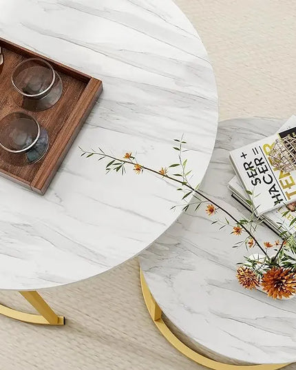 Round Coffee Table Set of 2 End Tables for Living Room,Circular and Marble Nesting Coffee Table Wooden Accent Furniture with Golden Metal Frame,Stacking Side Tables,White - LeafyLoom
