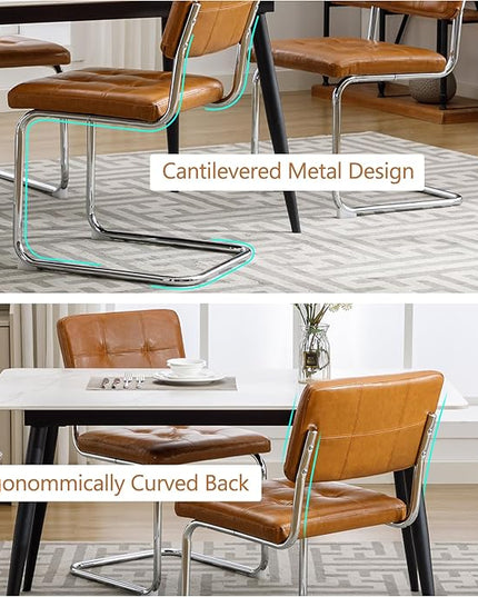 Forevich Mid Century Modern Dining Chairs Set of 4, Leather Kitchen Dining Room Side Chairs Upholstered Armless Accent Chairs with Metal Chrome Legs for Living Room, Bedroom Brown - LeafyLoom