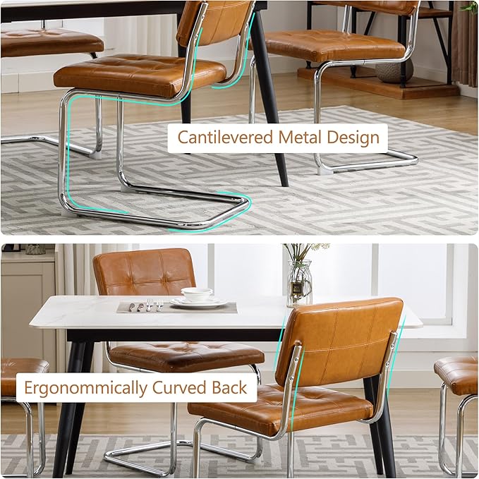Forevich Mid Century Modern Dining Chairs Set of 4, Leather Kitchen Dining Room Side Chairs Upholstered Armless Accent Chairs with Metal Chrome Legs for Living Room, Bedroom Brown - LeafyLoom