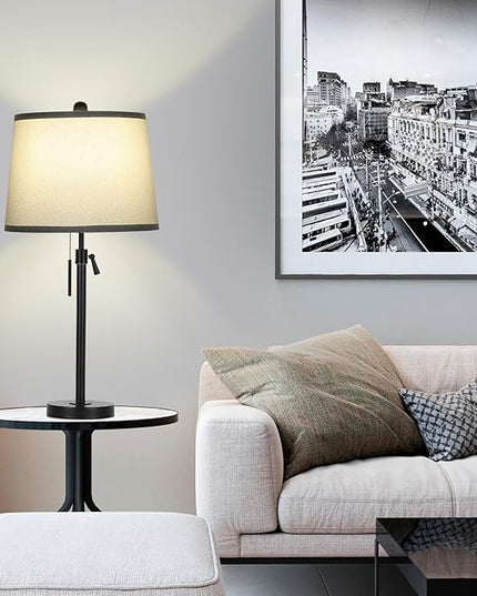 Bedside Table Lamps Set of 2: Tall Table Lamps for Living Room 22" to 30" Height Adjustable Black Bedroom Nightstand Lamps | 3-Way Dimmable with Pull Chain Switch End Table Lamp for Office Farmhouse - LeafyLoom