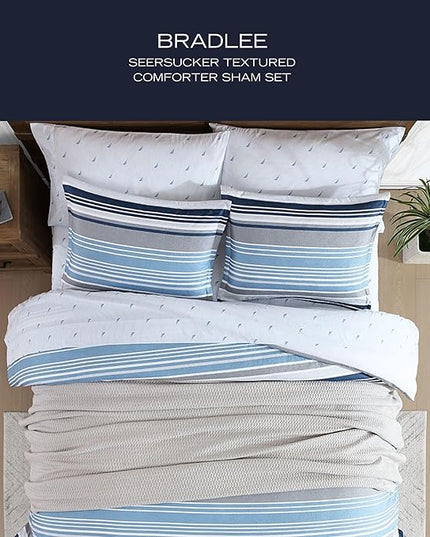 Nautica - Twin Comforter Set, Luxuriously Soft Seersucker Textured Bedding with Matching Sham, Wrinkle-Free Striped Home Decor, Dorm Room Essentials (Bradlee Blue, Twin) - LeafyLoom