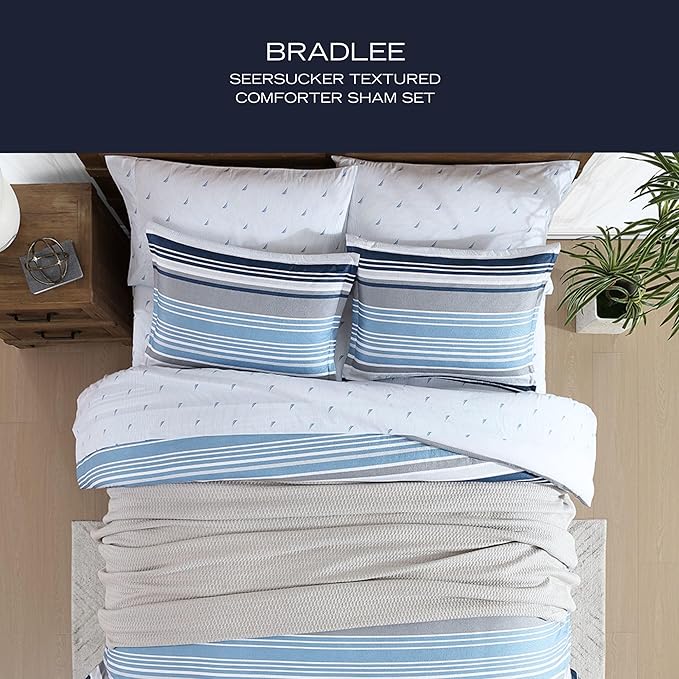 Nautica - Twin Comforter Set, Luxuriously Soft Seersucker Textured Bedding with Matching Sham, Wrinkle-Free Striped Home Decor, Dorm Room Essentials (Bradlee Blue, Twin) - LeafyLoom