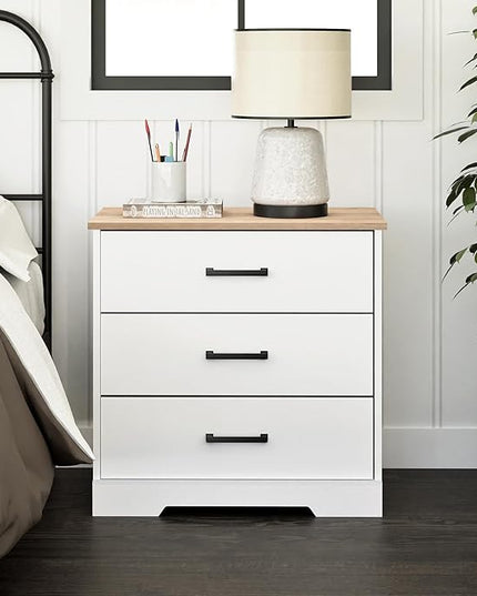 Prepac Three Drawer Nightstand, 16.25" D x 27.5" W x 26.75" H, White & Oak - LeafyLoom
