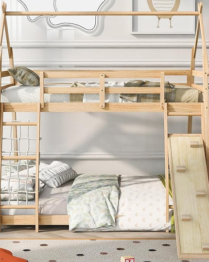 Twin Over Queen House Shape Bunk Bed, Wooden Bunk Beds House Bed with Climb Nets and Climbing Ramp for Kids Boys Girls Bedroom, No Box Spring Needed, Natural - LeafyLoom
