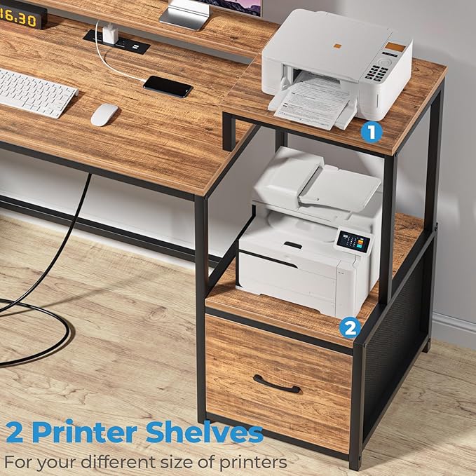 GreenForest 69 inch L Shaped Computer Desk with Drawers and Printer Stand, Gaming Desk with Power Outlet, Monitor Shelf, Storage Shelves and Hooks for Home Office Working, Writing, Studying, Walnut - LeafyLoom