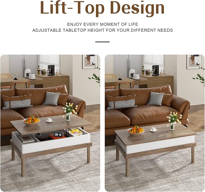 Shintenchi Coffee Table, Lift Top Coffee Table with Hidden Compartment, Rising Tabletop Dining Table, Lift Top Coffee Center Table for for Living Room, Office, Home (Ivory) - LeafyLoom