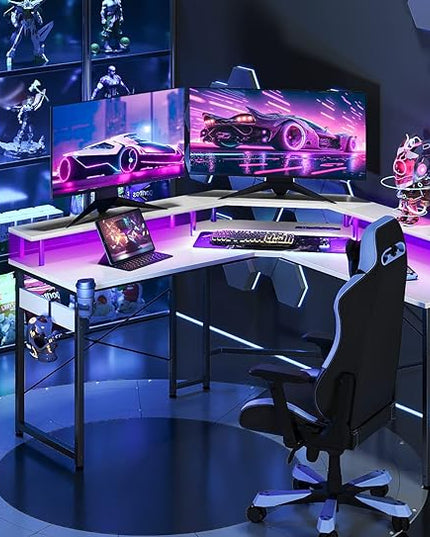 ODK L Shaped Gaming Desk with LED Lights & Power Outlets, 51" Computer Desk with Full Monitor Stand, Corner Desk with Cup Holder, Gaming Table with Hooks, White - LeafyLoom
