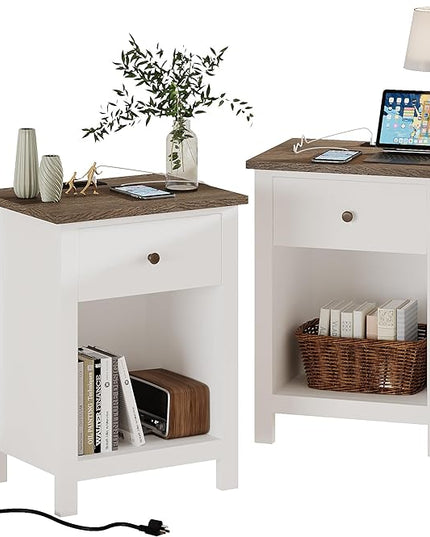 ChooChoo Farmhouse Nightstand Set of 2,Night Stand with Charging Station, Wooden Top Bedside End Table with Drawer and Storage Space for Bedroom, White - LeafyLoom