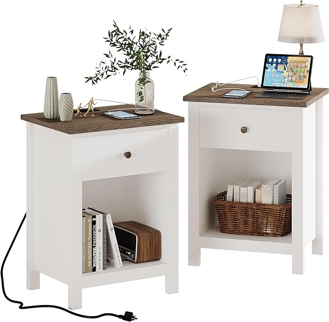 ChooChoo Farmhouse Nightstand Set of 2,Night Stand with Charging Station, Wooden Top Bedside End Table with Drawer and Storage Space for Bedroom, White - LeafyLoom