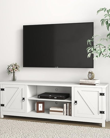 Panana Modern Farmhouse TV Stand, Entertainment Center for 70 inch TV with 2 Doors and Open Shelves for Living Room, Bedroom (White, 65 inch) - LeafyLoom