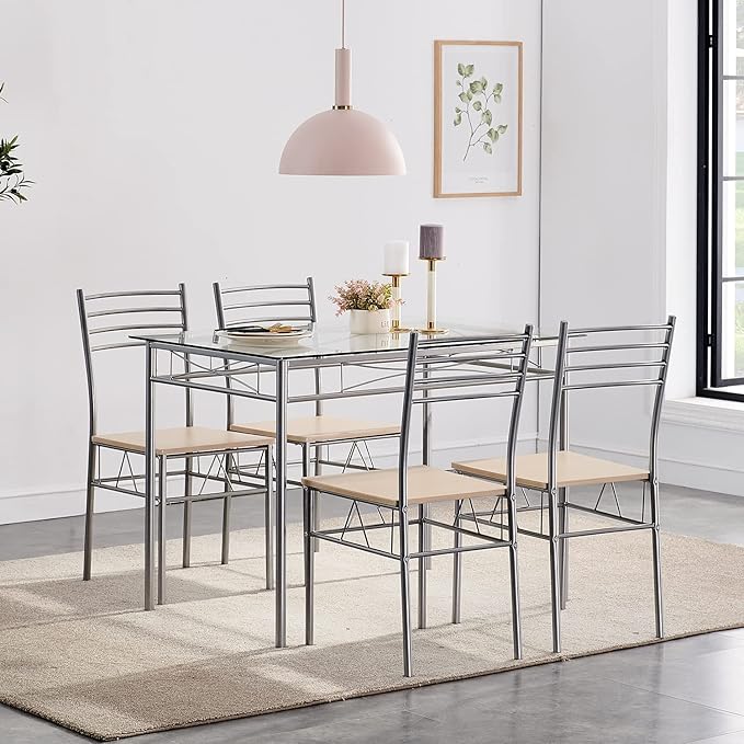 VECELO Kitchen Dining Table Sets for 4, 5 Piece Small Dinette with Chairs, Burnished Silver - LeafyLoom