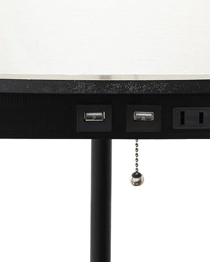 Simple Designs LF2010-BLK 62.5" Round Modern Shelf Etagere Organizer Storage Floor Lamp with 2 USB Charging Ports, 1 Charging Outlet and Linen Shade for Living Room Bedroom Office, Black - LeafyLoom