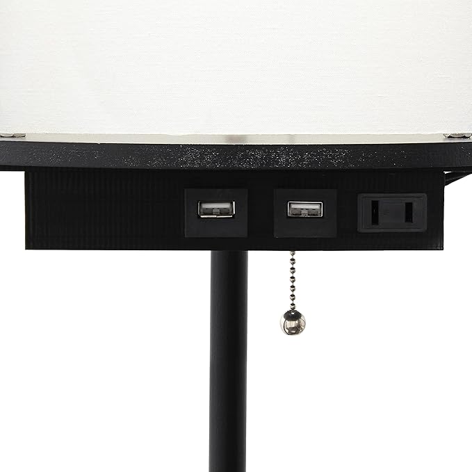 Simple Designs LF2010-BLK 62.5" Round Modern Shelf Etagere Organizer Storage Floor Lamp with 2 USB Charging Ports, 1 Charging Outlet and Linen Shade for Living Room Bedroom Office, Black - LeafyLoom
