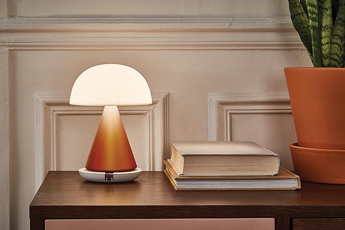 Lexon Mina L Mushroom Lamp - 9 LED Color Table Lamp for Bedrooms, Living Room & Office - Cordless, Rechargeable with 24h Light & Dimmer, Aluminum, Large - Orange - LeafyLoom