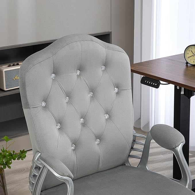 Vinsetto Home Office Chair, Velvet Computer Chair, Button Tufted Desk Chair with Swivel Wheels, Adjustable Height, and Tilt Function, Light Gray - LeafyLoom