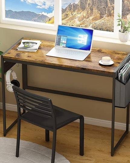 DKLGG Computer Desk 39" Home Office Desk Laptop Study Table Workstation with A Storage Bag and Headphone Hook Retro Industrial Design Small Computer Desk for Teens, Brown - LeafyLoom