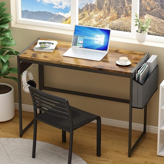 DKLGG Computer Desk 39" Home Office Desk Laptop Study Table Workstation with A Storage Bag and Headphone Hook Retro Industrial Design Small Computer Desk for Teens, Brown - LeafyLoom