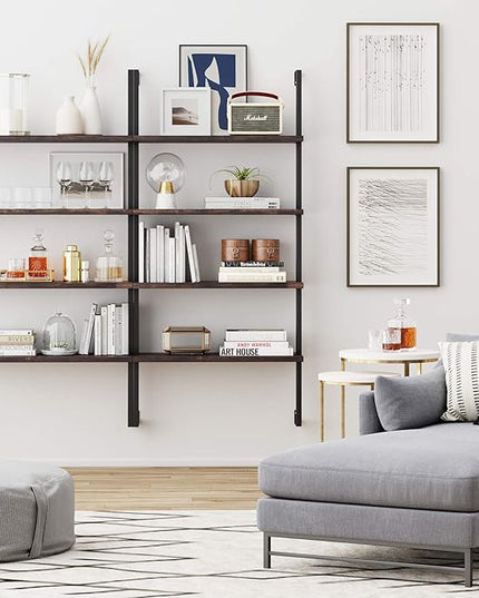 Nathan James Theo 4-Shelf Bookcase, Floating Wall Mount Shelves with Natural Wood and Industrial Pipe Metal Frame, Nutmeg/Black - LeafyLoom