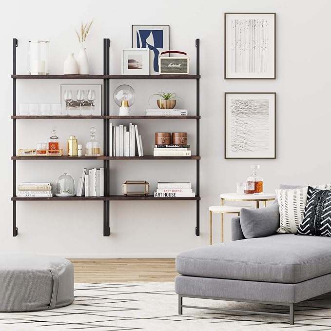 Nathan James Theo 4-Shelf Bookcase, Floating Wall Mount Shelves with Natural Wood and Industrial Pipe Metal Frame, Nutmeg/Black - LeafyLoom