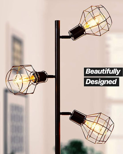 Brightech Robin LED Floor Lamp, Industrial Tree Lamp for Living Rooms & Offices, Tall Lamp with 3 Cages Heads & Vintage Edison Bulbs, Rustic Standing Lamp for Reading, and Tall Lamp for Crafts - Black - LeafyLoom