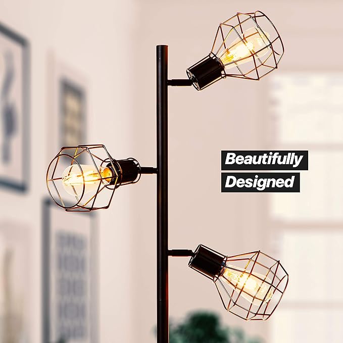 Brightech Robin LED Floor Lamp, Industrial Tree Lamp for Living Rooms & Offices, Tall Lamp with 3 Cages Heads & Vintage Edison Bulbs, Rustic Standing Lamp for Reading, and Tall Lamp for Crafts - Black - LeafyLoom