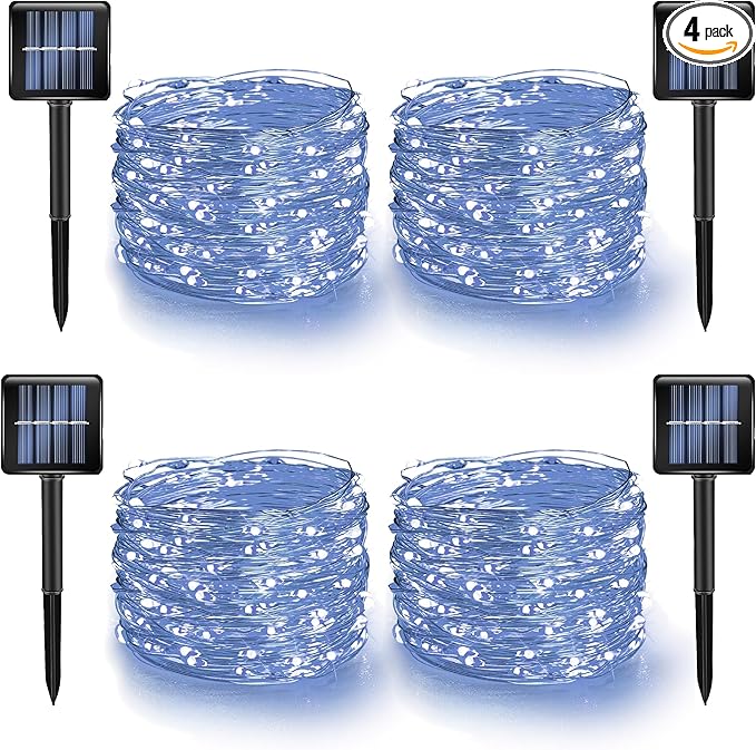 Dazzle Bright 4 Pack Solar String Lights Outdoor, Total 160FT 480LED Solar Powered Waterproof Fairy Lights 8 Modes, Silver Wire Lights for Christmas Patio Party Tree Yard Decoration (White) DazzleBright