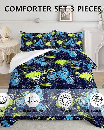 Axolotl Boys Dirt Bike Bedding Set Full,Dirt Bike Comforter Set,Extreme Sports Tie Dye Bedding Set Motor Biker,Motocross Rider Comforter Set for Boys Kids Teens Men,1 Quilt 2 Pillowcases,Blue Green - LeafyLoom