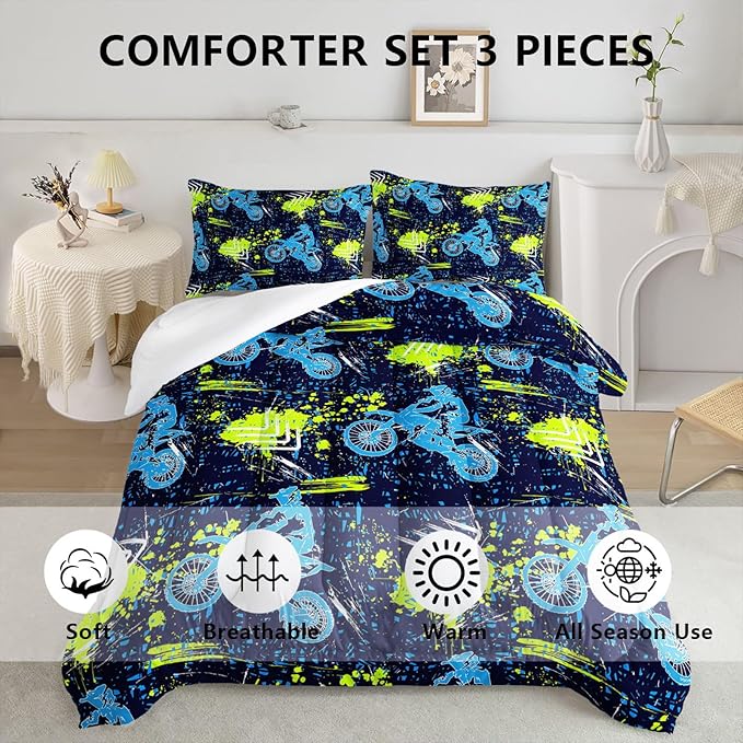 Axolotl Boys Dirt Bike Bedding Set Full,Dirt Bike Comforter Set,Extreme Sports Tie Dye Bedding Set Motor Biker,Motocross Rider Comforter Set for Boys Kids Teens Men,1 Quilt 2 Pillowcases,Blue Green - LeafyLoom