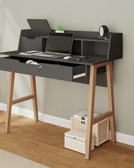 Roma Writing Desk - Elegant Wood Study Desk With Storage, Cable Holes & Drawers - Work Table for Home, Office, Dorm, Small Spaces - Compact Black Desk, 40x19x36.9” (black) - LeafyLoom