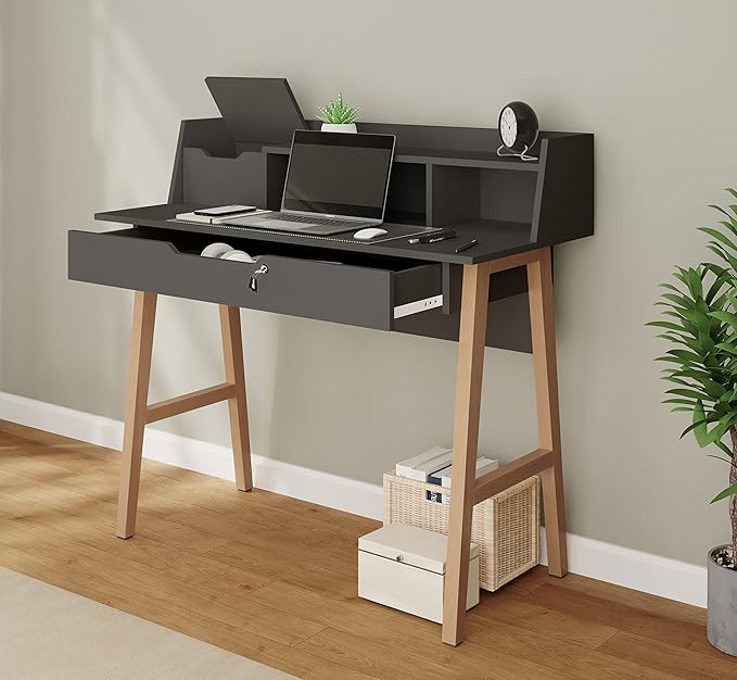 Roma Writing Desk - Elegant Wood Study Desk With Storage, Cable Holes & Drawers - Work Table for Home, Office, Dorm, Small Spaces - Compact Black Desk, 40x19x36.9” (black) - LeafyLoom