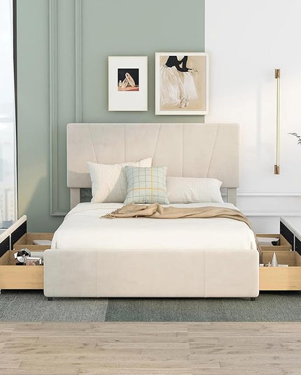 Full Size Upholstered Platform Bed Frame with 4 Storage Drawers and Adjustable Headboard, Wooden Slats Support, No Box Spring Needed, Beige - LeafyLoom