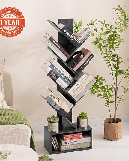 Yoobure Tree Bookshelf - 6 Shelf Retro Floor Standing Bookcase, Tall Wood Book Storage Rack for CDs/Movies/Books, Utility Book Organizer Shelves for Bedroom, Living Room, Home Office, Dark Grey - LeafyLoom