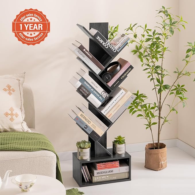 Yoobure Tree Bookshelf - 6 Shelf Retro Floor Standing Bookcase, Tall Wood Book Storage Rack for CDs/Movies/Books, Utility Book Organizer Shelves for Bedroom, Living Room, Home Office, Dark Grey - LeafyLoom