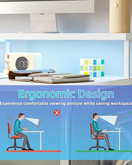 L Shaped Gaming Desk with Power Outlets, 47 Inch Computer Desk with LED Lights and Reversible Shelves, Corner Desk Work Desk for Home Office Bedroom, White - LeafyLoom