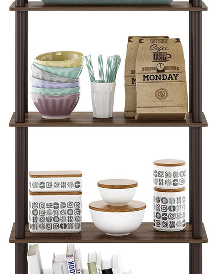 Furinno Turn-N-Tube 5-Tier Multipurpose Shelf / Display Rack / Storage Shelf / Bookshelf, Round Tubes, Walnut/Brown - LeafyLoom