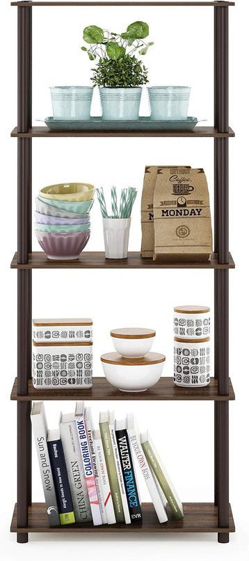 Furinno Turn-N-Tube 5-Tier Multipurpose Shelf / Display Rack / Storage Shelf / Bookshelf, Round Tubes, Walnut/Brown - LeafyLoom