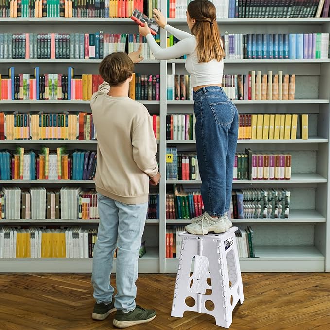 Delxo 17.5 Inch Folding Step Stool, Heavy Duty Foldable Stool for Adults,Premium Portable Collapsible Plastic Step Stool,Non Slip Folding Stools for Kitchen Bathroom Bedroom Up to 400LBS,(White 1PC) - LeafyLoom