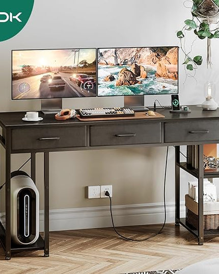 AODK 55 Inch Gaming Desk with Fabric Drawers & Power Outlets, Computer Desk with Storage Shelves & CPU Stand, Gamer Table, Study Desk with Type-C & USB, Writing Desk for Bedroom, Black - LeafyLoom