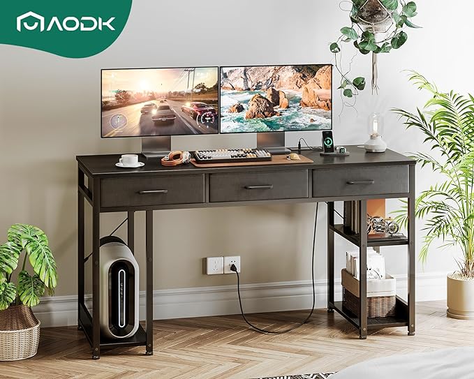 AODK 55 Inch Gaming Desk with Fabric Drawers & Power Outlets, Computer Desk with Storage Shelves & CPU Stand, Gamer Table, Study Desk with Type-C & USB, Writing Desk for Bedroom, Black - LeafyLoom